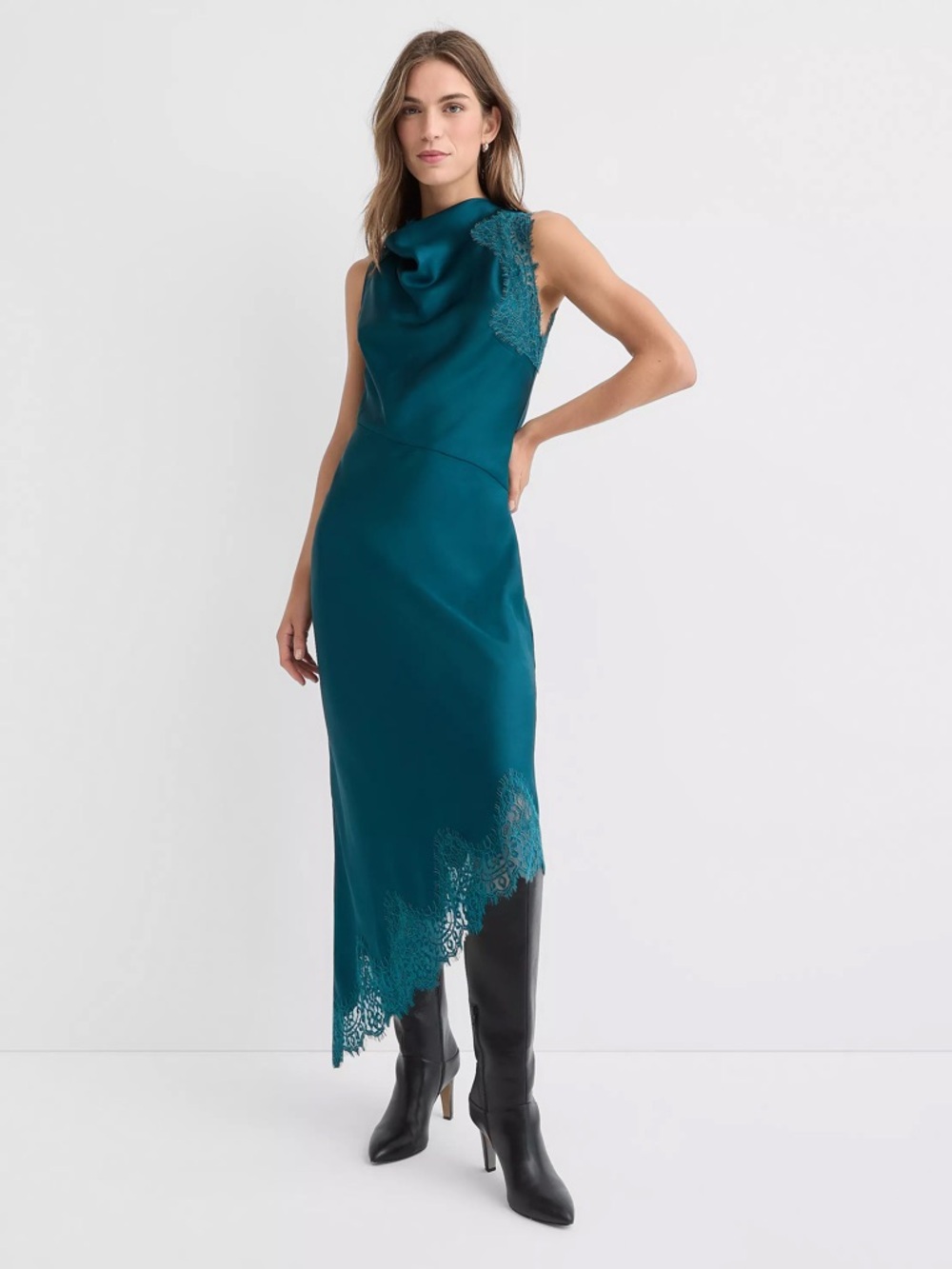 LOFT Lace Trim Satin Bias Midi Dress - NEW with tags